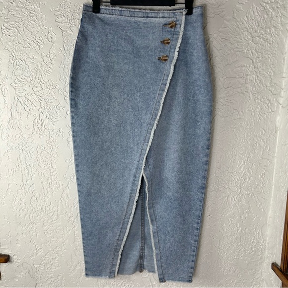 Sincerely Jules | Asymmetrical Denim Button Front Slit Midi Skirt Size 3/26 - Picture 1 of 12